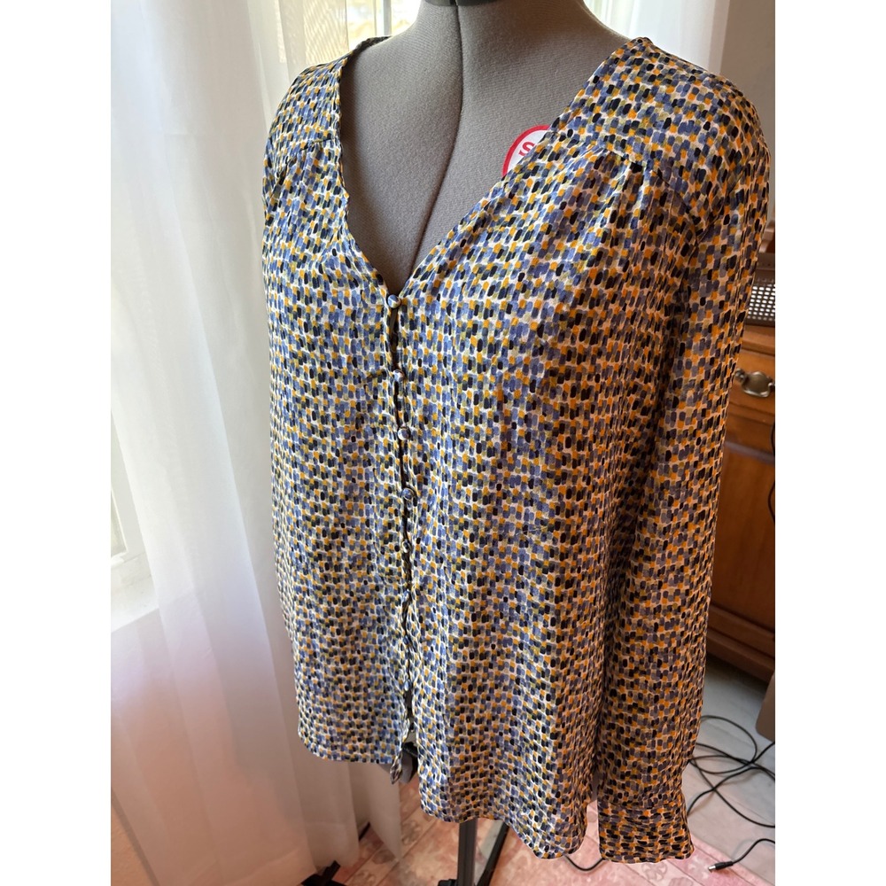 Joie Blouse Women S Blue Yellow Excellent Mosaic Button Front V-Neck Long Sleeve